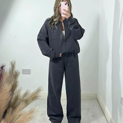 2025欧美秋冬女式减龄运动服纯色长袖夹克直筒裤女士运动服两件套