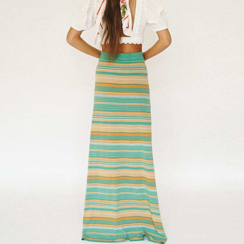 Women Clothing Knitted Slit Sexy Dress Lace up Halterneck Striped Top