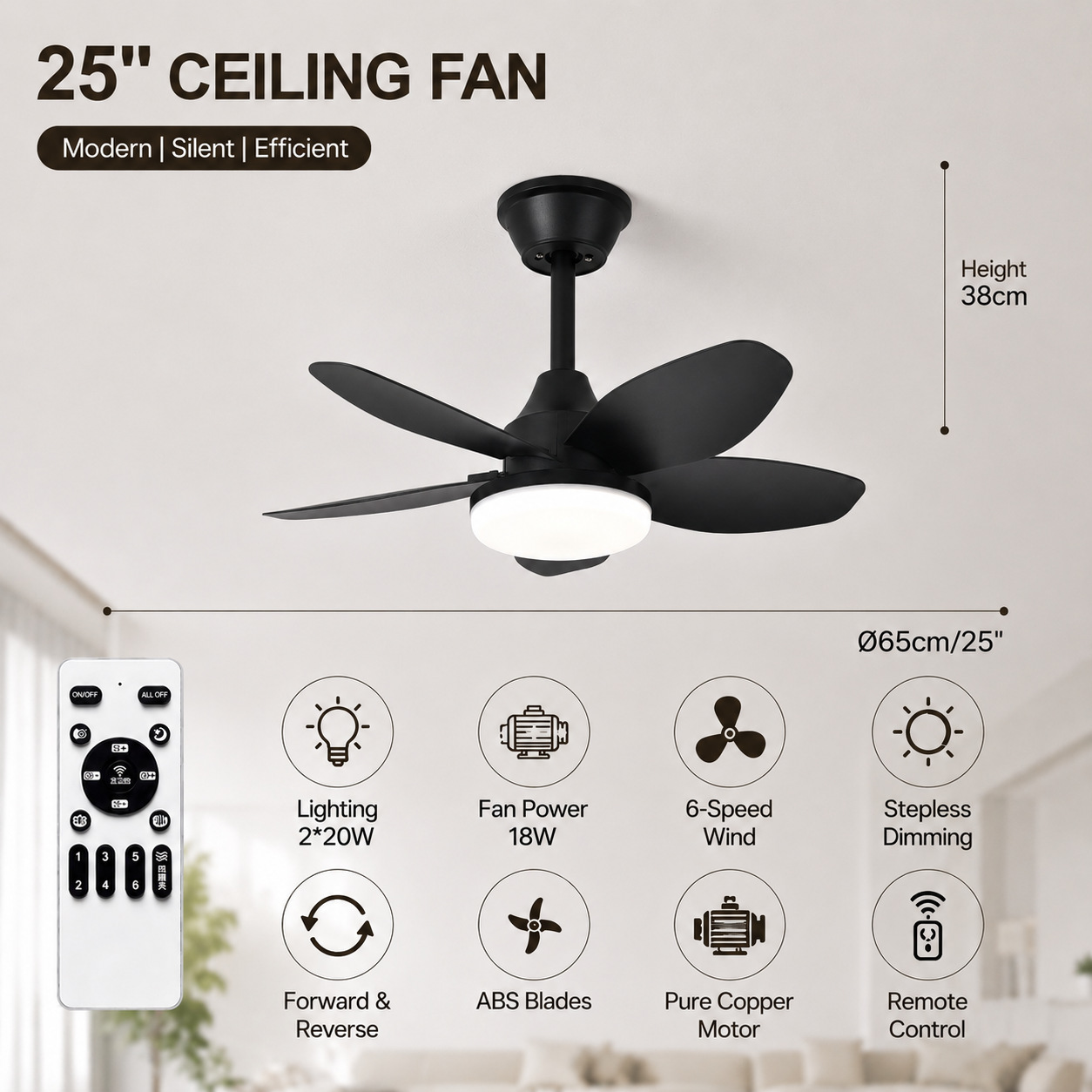 Ventilador de Techo con Luz de ABS y PC, con Control Remoto, Motor DC, para Sala de Estar y Comedor