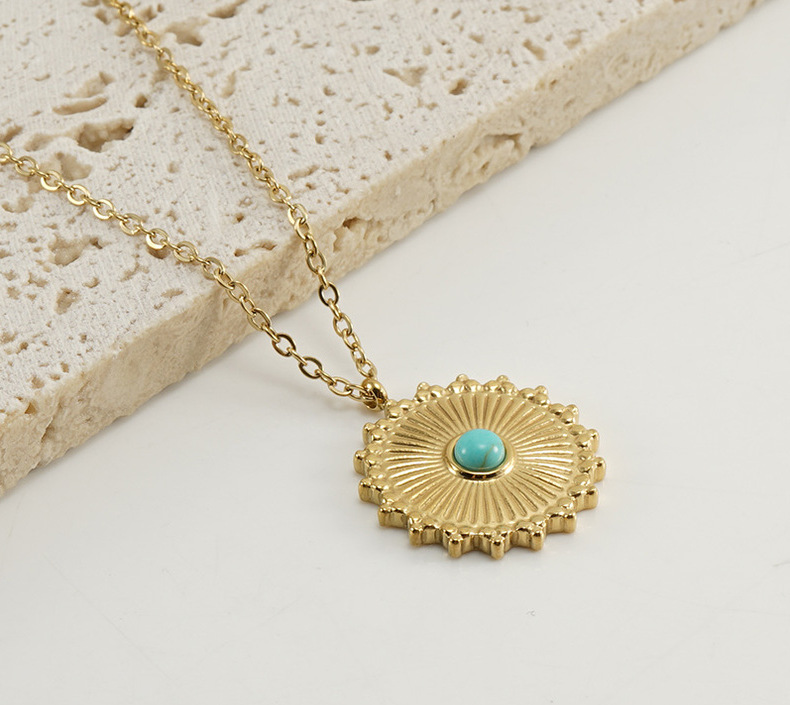 10g Weight PVD Coated Gold Plating Process Wholesale Jewelry Retro Round 304 Stainless Steel Turquoise 18K Gold Plated Inlay Stainless Steel Necklaces