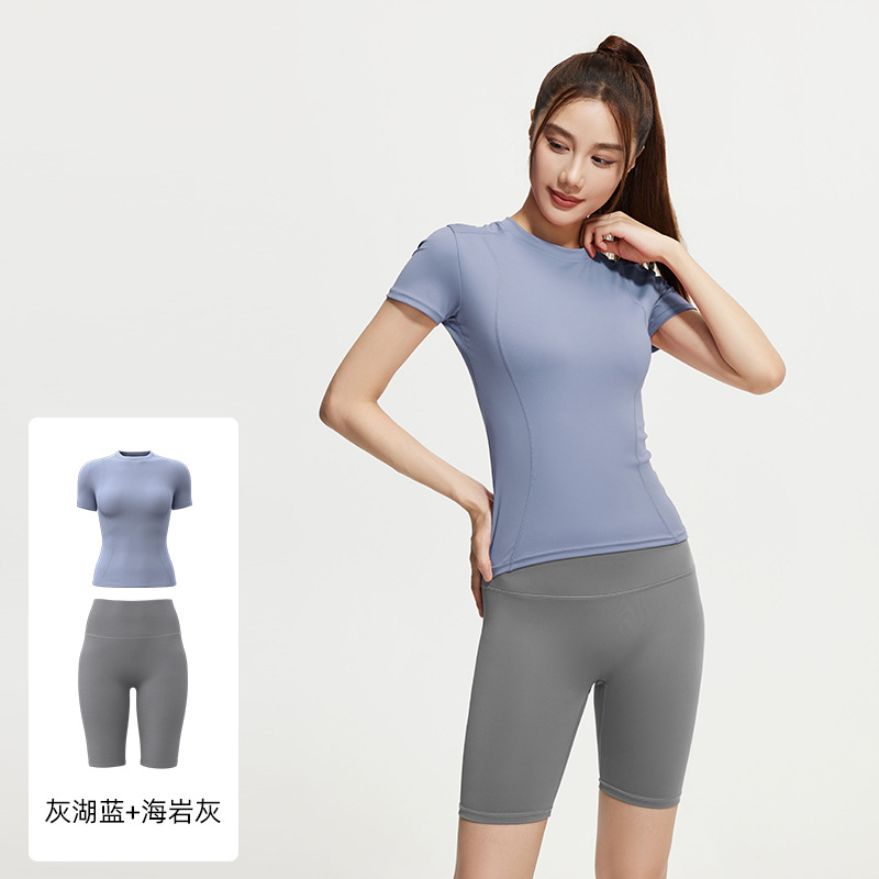 Juyi Tang verano yoga camisa de mangas cortas para mujeres delgada secado rápido y transpirable ajuste deportivo para correr y fitness set