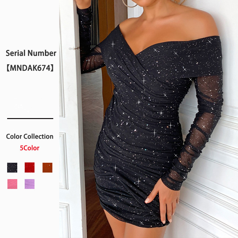 Amazon Hot-selling Off-shoulder Dress Cross-border Sexy V-neck Long-sleeved Evening Dress Elegant Waist Hip Skirt