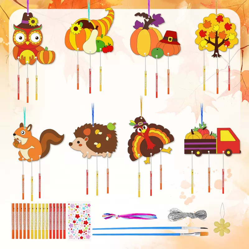 跨境秋季风铃套装 儿童木质工艺品女孩男孩手工制作动物风铃挂饰