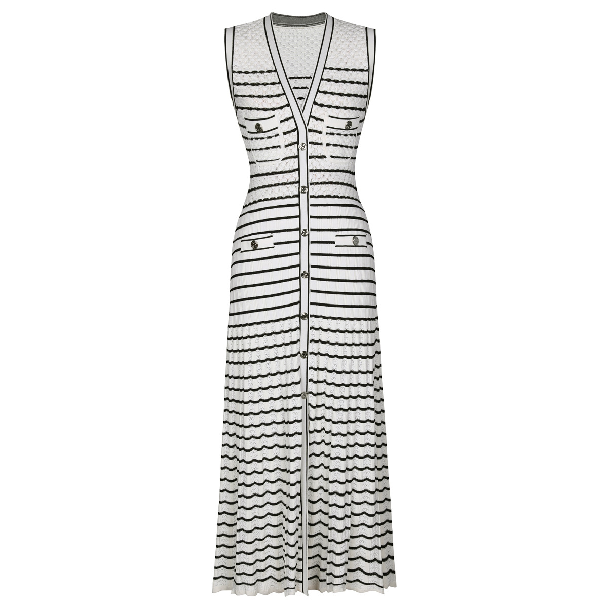 24178 In-Stock Spring/Summer New Sleeveless Stretch Striped Knit Long Dress, Bodycon Slim-Fit Versatile Dress for Women