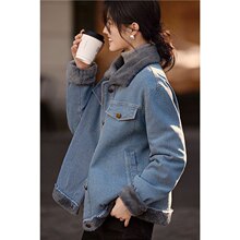 秋冬2025新款高级感欧货湖蓝色棉服冬季加厚毛绒上衣短款牛仔外套