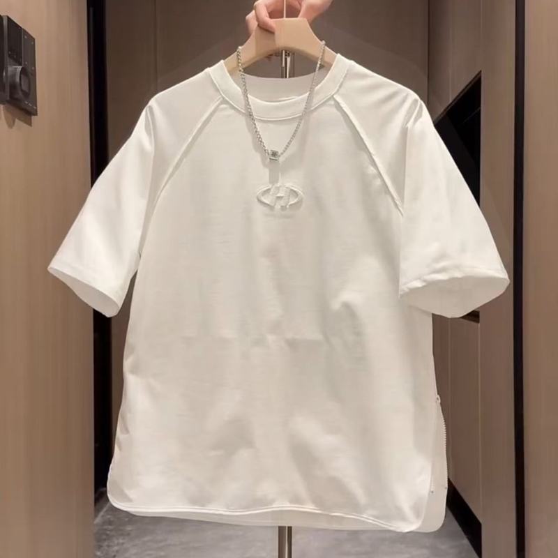 夏ジッパー刺繍ラウンドネック半袖 Tシャツメンズトレンディな多用途ソリッドカラートップカップルカジュアルインルーズ半袖|undefined