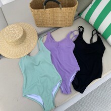 韩国ins风简约高级感波浪布小胸连体纯色游泳衣女温泉度假泳装