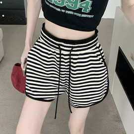 休闲运动短裤女夏季韩版2023新款高腰显瘦条纹松紧腰百搭外穿热裤