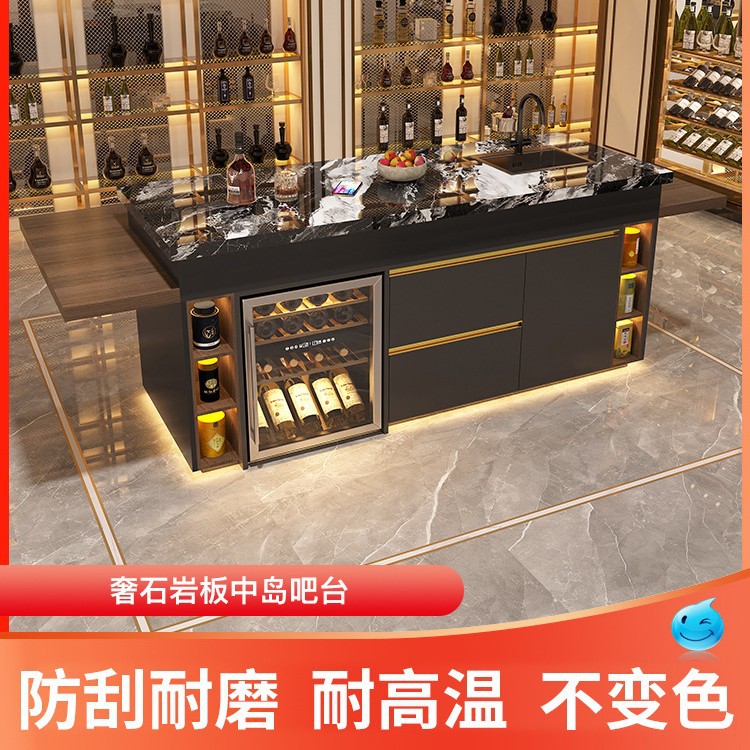 Tablero de piedra de lujo, mesa de comedor en la isla, cocina abierta integrada, plataforma de guía para el hogar, caída, lujo ligero, sentido de alta gama, barra de cocina occidental