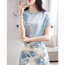 树叶刺绣设计感小众上衣韩系女夏季蓝色短袖t恤减龄漂亮洋气小衫