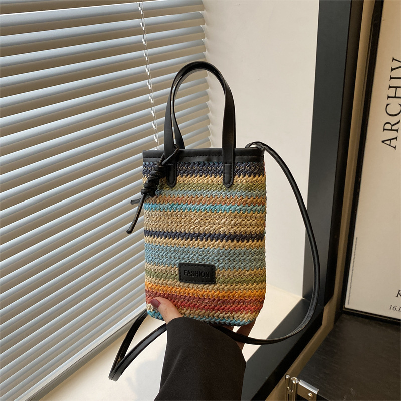 Contrast Color Woven Bag Women's 2025 Summer New Fashionable Fashionable Straw Mobile Phone Bag Korean Niche Simple Crossbody Bag