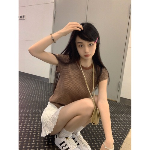 Retro Striped Short-Sleeve T-Shirt for Women 2024 Summer Hot Babe Slim-Fit Transparent Base Shirt Versatile Student Short Top