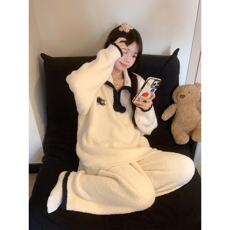 可爱小熊半边绒睡衣女款冬季新款保暖加绒加厚毛绒针织家居服套装|undefined