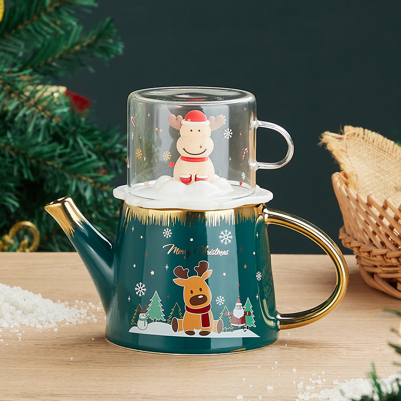 Navidad alces juego de té traje lindo de dibujos animados tetera de cerámica regalo lindo flor juego de té Logo de apoyo