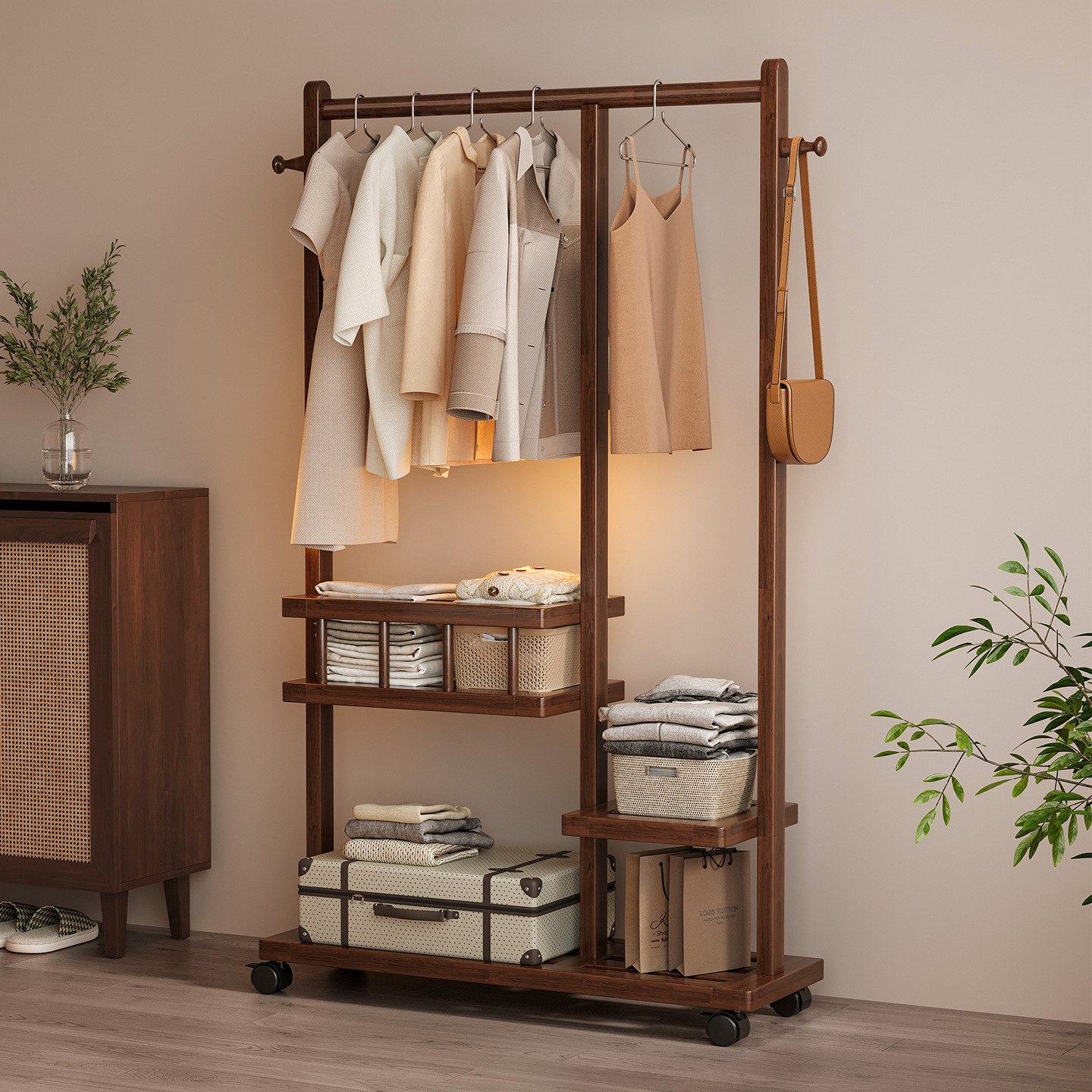 Estante de almacenamiento de ropa vertical multifuncional para el hogar, estante de almacenamiento abierto para el piso del dormitorio