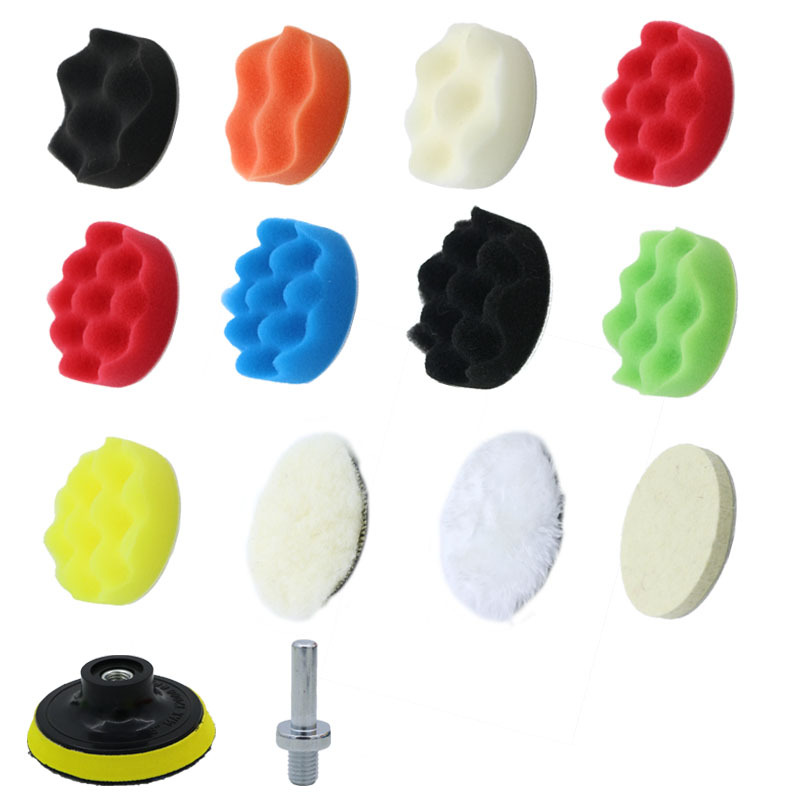 3寸汽车美容抛光羊毛球抛光海绵盘14件套自粘海绵划痕修复还原盘