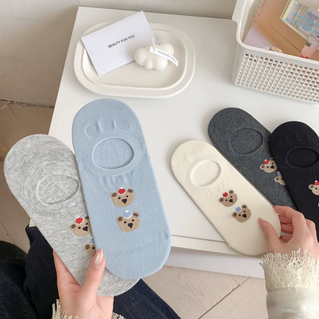 Носки с милым медведем и собакой, женские носки-лодочки, хлопковые носки, летние тонкие невидимые носки с низким вырезом и неглубоким горлышком, нескользящие носки, не падающие