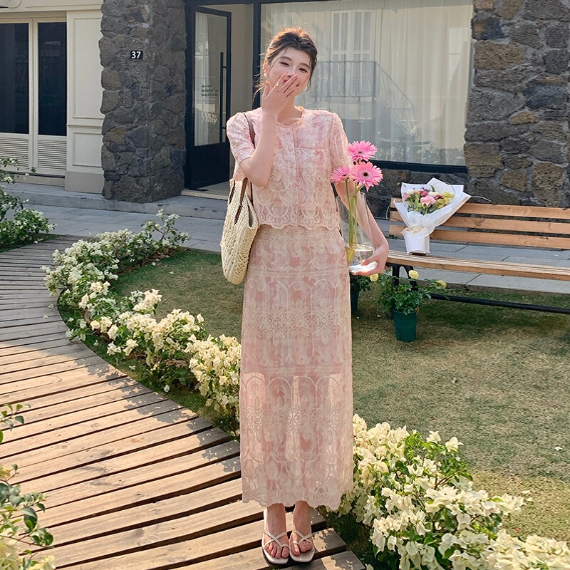 Gentle, Romantic, Stylish, Youthful, Age-Reducing, Lace Embroidered High-Waisted Dress, Two-Piece Set, High-End Mini Dress