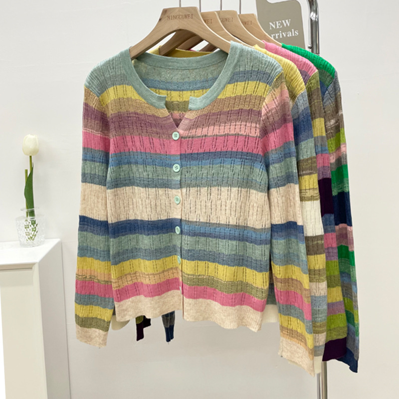 Cross-border European Color Knitted Sweater Cardigan Women's Spring New V-neck Hollow Striped Base Top Long-sleeved Sweater Cross-border European Color Knitted Sweater Cardigan Women's Spring New V-neck Hollow Striped Base Top Long-sleeved Sweater