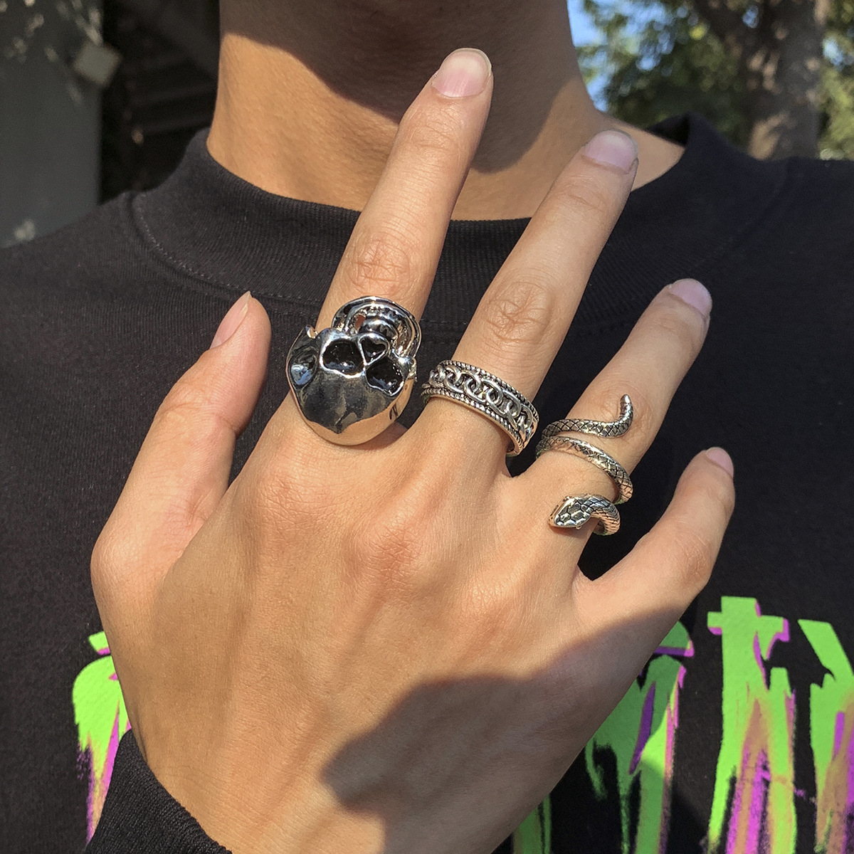 Punk Snake Skull Alloy Plating Rings 3 Piece Set display picture 2