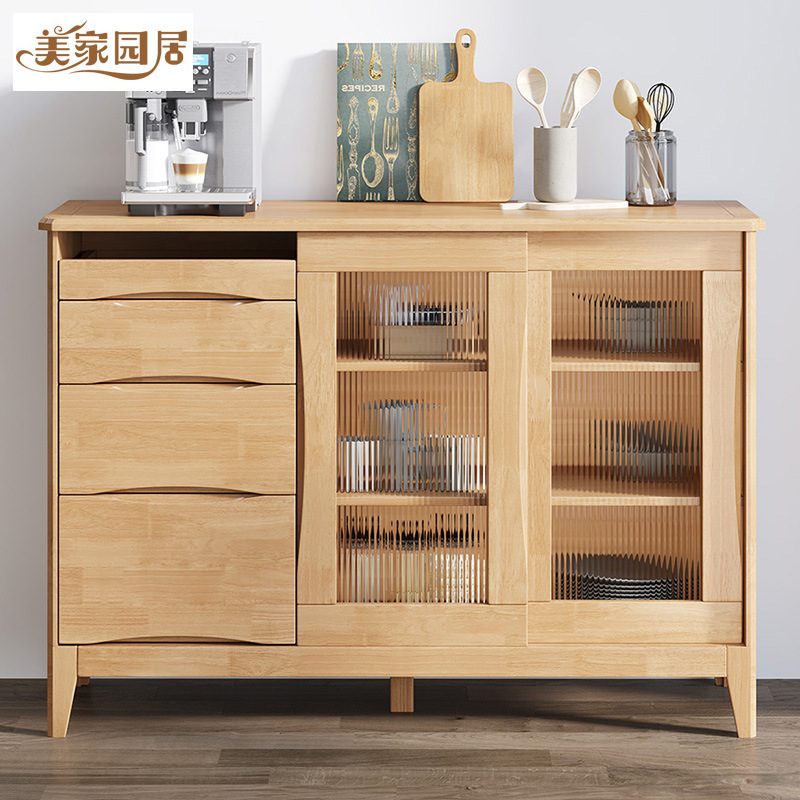 Nordic Solid Wood Sliding Door Sideboard Two-Door Tea Cabinet with Drawer Multifunctional Log Style Wall Storage Cabinet