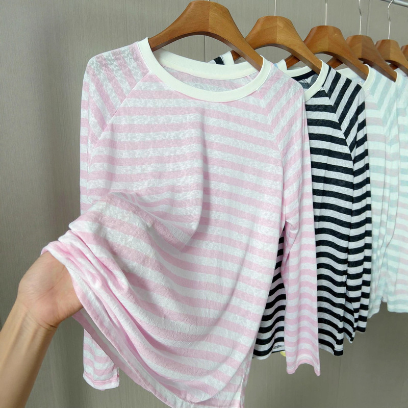 Lyocell Tencel Sun Protection Cover-Up Summer Thin Lazy Style Long-Sleeve T-Shirt Versatile Round Neck Striped Top
