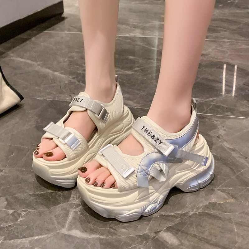 Sports High Heeled Sandals Women's 2025 Summer New Style Small Thick Bottom Velcro Beach light purple Casual Sandals