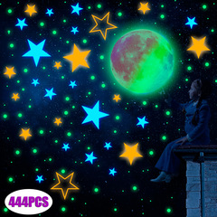 三色夜光粉藍綠光月球星星組合兒童房幼兒園背景裝飾自粘牆貼
