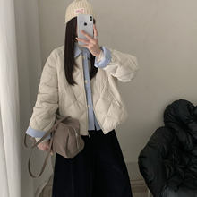 韩系设计感拼接格子衬衫假两件羽绒服女2025年秋冬洋气菱格外套