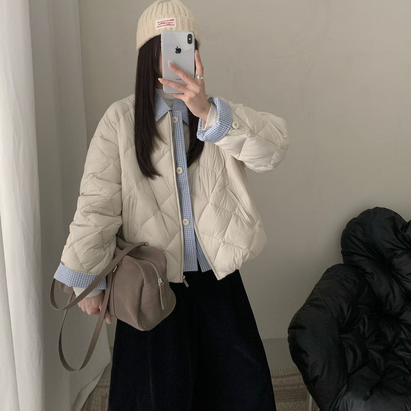 韩系设计感拼接格子衬衫假两件羽绒服女2025年秋冬洋气菱格外套