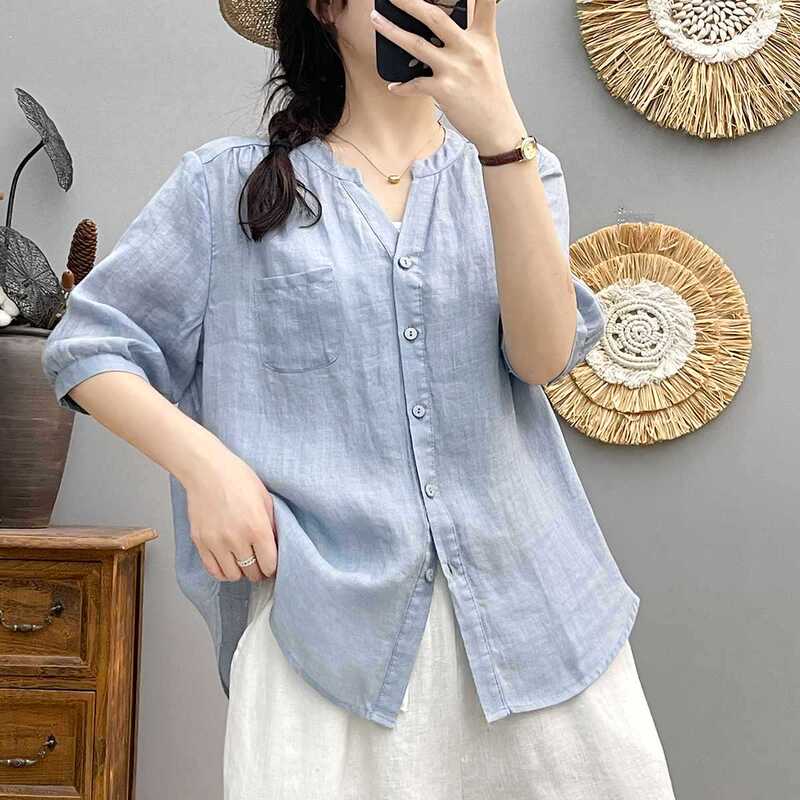 Ramie Quarter-Sleeved Shirt for Women in Summer, Light and Breathable, Artistic Small V Neck, Simple and Versatile Pure Linen Mid-Sleeve Top Ramie Quarter-Sleeved Shirt for Women in Summer, Light and Breathable, Artistic Small V Neck, Simple and Versatile Pure Linen Mid-Sleeve Top