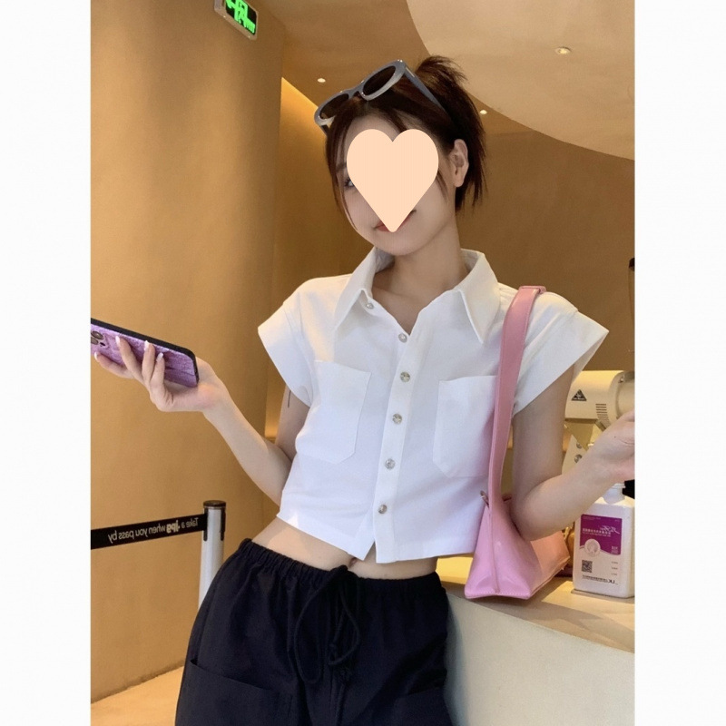 純欲辣妹高腰顯瘦短款恤女夏季設計感小飛袖領上衣收腰襯衫