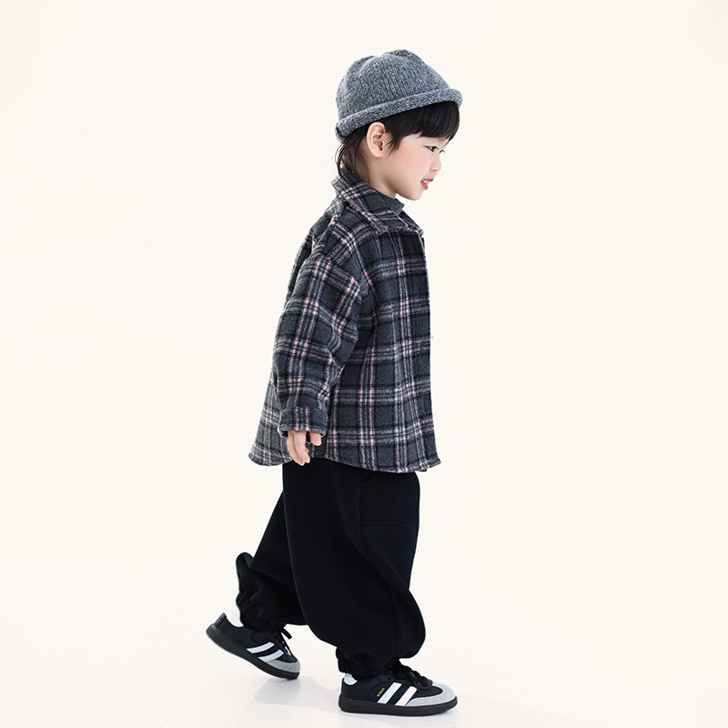 畅果童装男童加绒衬衫冬季新款儿童加厚格子衬衣中小童毛呢外套