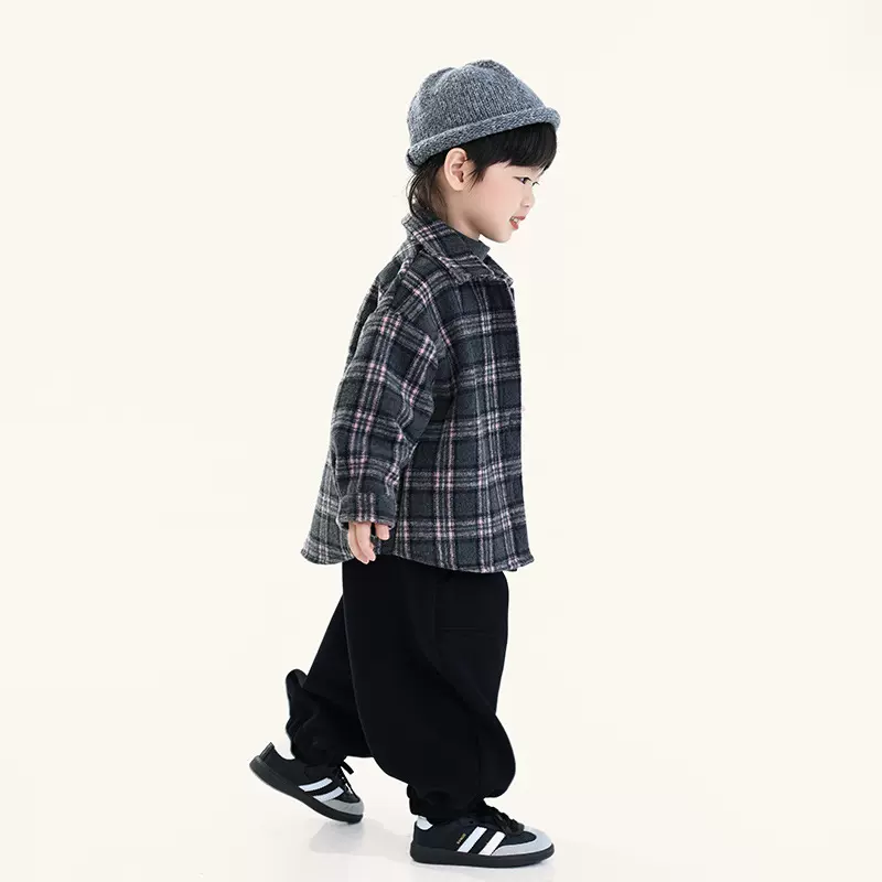 畅果童装男童加绒衬衫冬季新款儿童加厚格子衬衣中小童毛呢外套