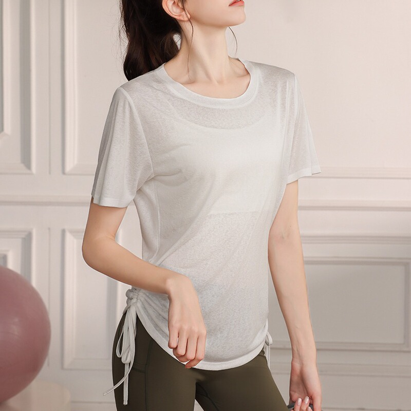 New Tencel snowflake thin loose yoga clothes women's running short sleeve drawstring fitness top sports T-shirt blouse summer New Tencel snowflake thin loose yoga clothes women's running short sleeve drawstring fitness top sports T-shirt blouse summer