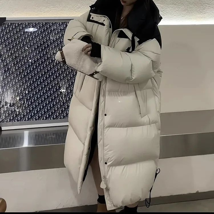 Color-Blocked Jacket New Style Extra Long Heart Hooded Knee-Length 2025 Winter Loose White Duck down Jacket for Women Thickeneded