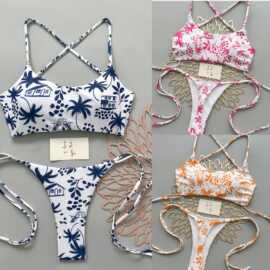 椰树印花抹胸绑带比基尼性感露背丁字裤泳装沙滩显瘦泳衣bikini