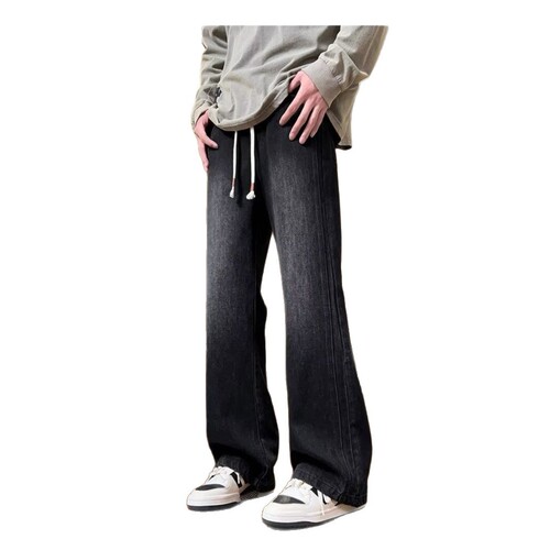 Black and gray retro jeans men's drawstring loose straight personality high street boys casual wide-leg large-size pants