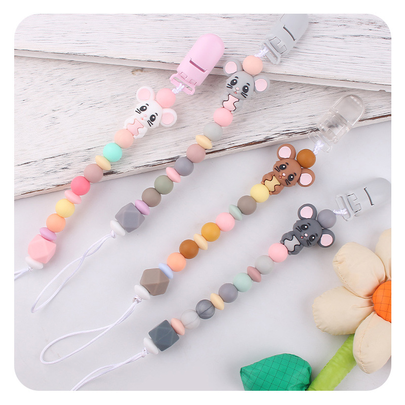 Nuevos artículos para bebés y niños animados animales ratón pezón cadena para calmar bebés cuentas de silicona morder molares cadena anti-caída