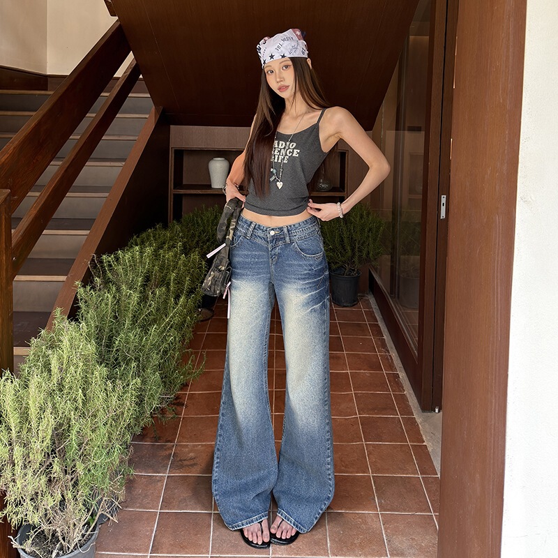 Vintage Washed Denim Jeans with Whisker Design, Straight-Leg Flared Jeans for Women, Slim Fit, Blue, Extended Length, Blue Long Pants Vintage Washed Denim Jeans with Whisker Design, Straight-Leg Flared Jeans for Women, Slim Fit, Blue, Extended Length, Blue Long Pants