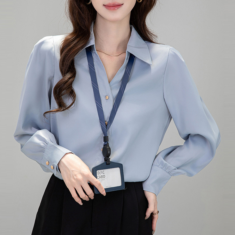 2026 Early Autumn V-Neck Gold Button Long-Sleeve Shirt for Women, White Professional Interview Shirt, Niche Commuter Shirt 2026 Early Autumn V-Neck Gold Button Long-Sleeve Shirt for Women, White Professional Interview Shirt, Niche Commuter Shirt