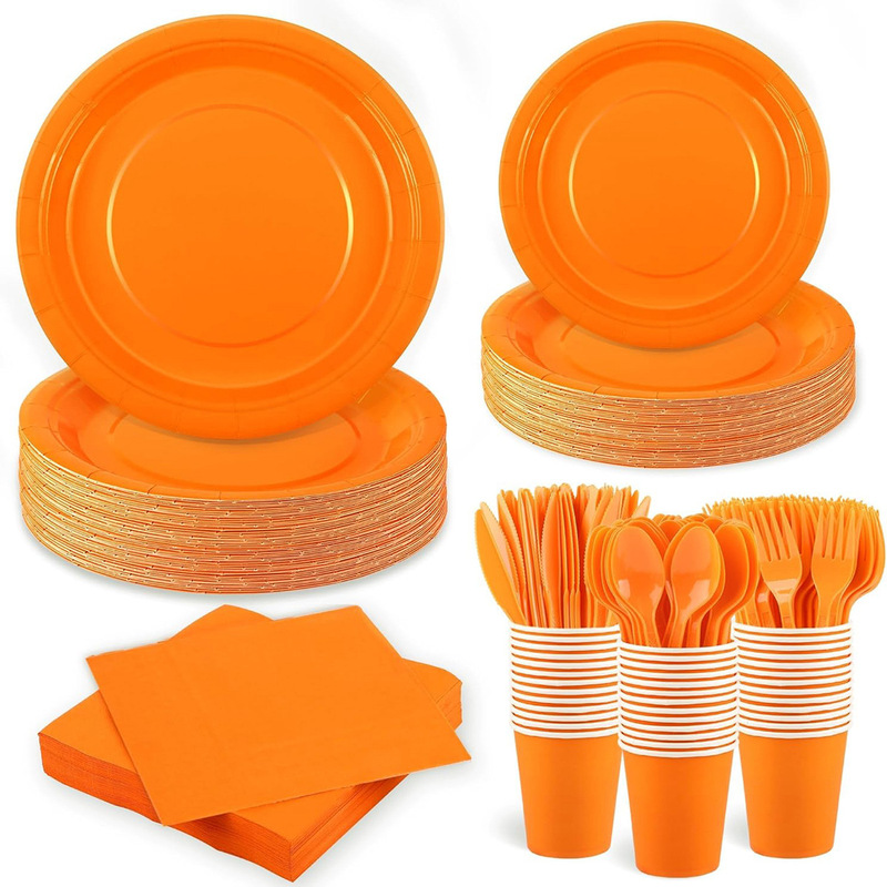 Foreign Trade Pure Color Thickeneded Paper Plate and Paper Cup Orange Theme Party Supplies Disposable Cake Plate Tableware