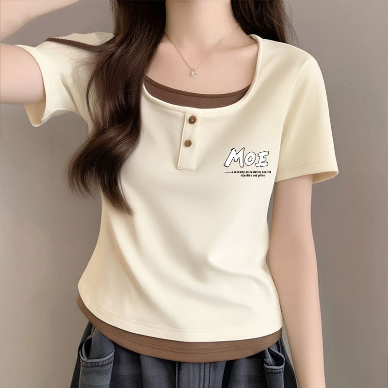 Fat Sister Shoulder Short-sleeved T-shirt Women's 2025 New Summer Slim-fit All-match Short Spice Girl Fake Two-piece Small Top