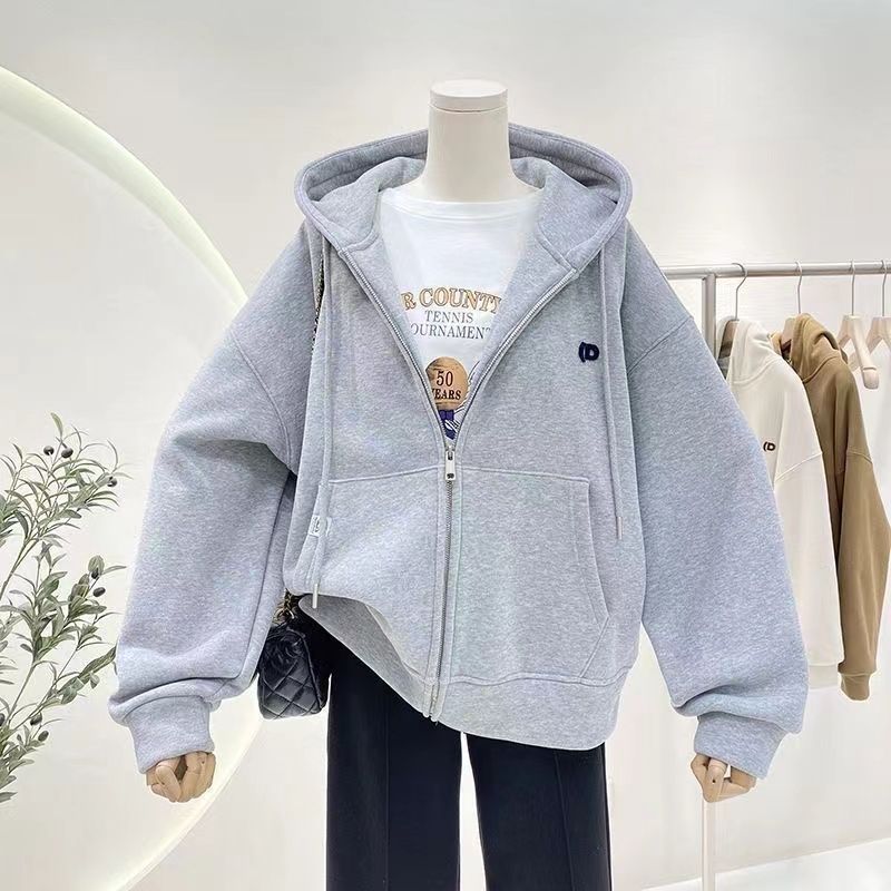 加绒加厚连帽卫衣女秋冬简约百搭宽松休闲oversize拉链开衫外套潮|undefined
