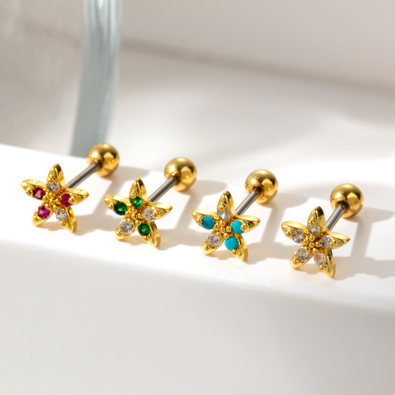 Henson – vis à double tête en acier inoxydable, boucles d'oreilles à tige fine, perforation du cartilage, clous de boucles d'oreilles en forme de fleur en zircon coloré, 2 pièces_voghion.com