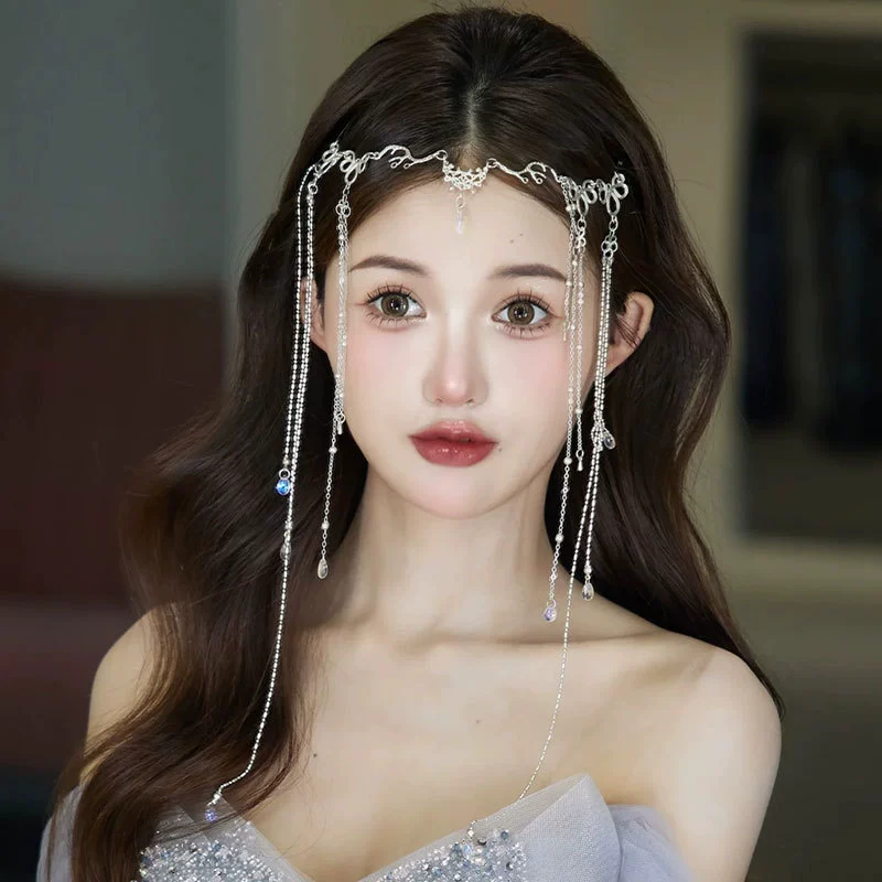 Винтажная заколка для волос с кисточками в форме капли воды с занавеской для лица и украшением лба для фотосессии, аксессуар для волос в древнем стиле Ханфу.