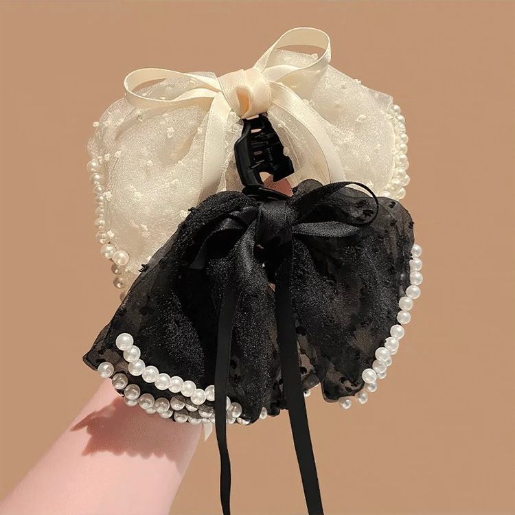 法式多層珍珠蝴蝶結半馬尾抓夾女高級感夏季髮夾半扎發卡夾子頭飾