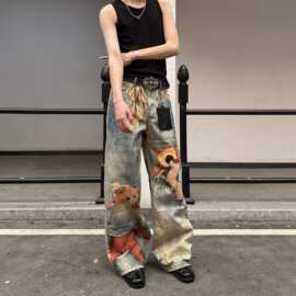 跨境美式复古做旧小熊3D印花设计直筒牛仔裤新款男女宽松阔腿长裤