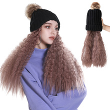 外贸欧美假发帽子一体女长卷发羊毛卷整顶蓬松毛线帽头套wigs批发
