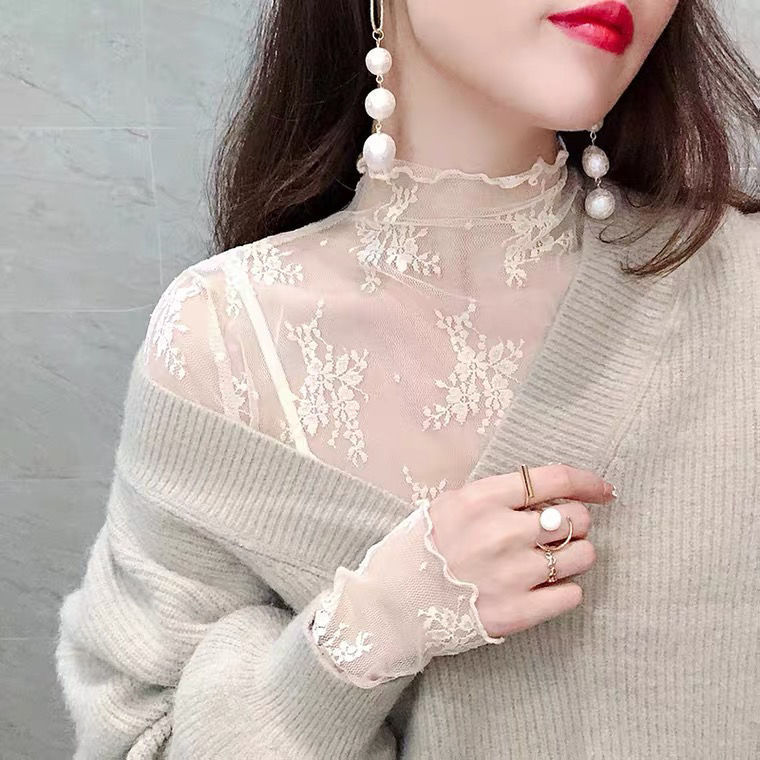Half high collar lace bottoming shirt Women's 2022 Autumn New thin high-end gauze skirt with mesh top